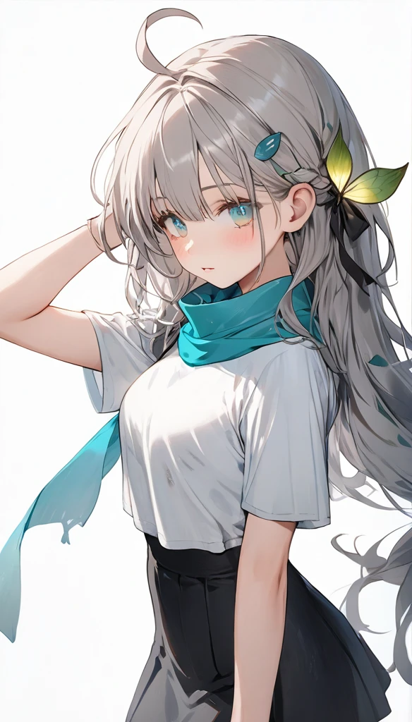 Resolution full, standing style, very accurate, best quality, masterpiece, full HD, very sharpener, best art, very accurate, 1girl, firefly, very cute girl, cute girl, beautiful and cute girl, slim body, medium breast, long hair, grey hair, Braid hair, Messy hair, ahoge hair, bangs hair, straight hair, gradient grey and blue hair, green leaf hair ornament, grey hair clip, beautiful bright aqua eyes, white T-shirt, dirty t-shirt, blue scarf, black short skirt, grey full stockings, white background, standing model