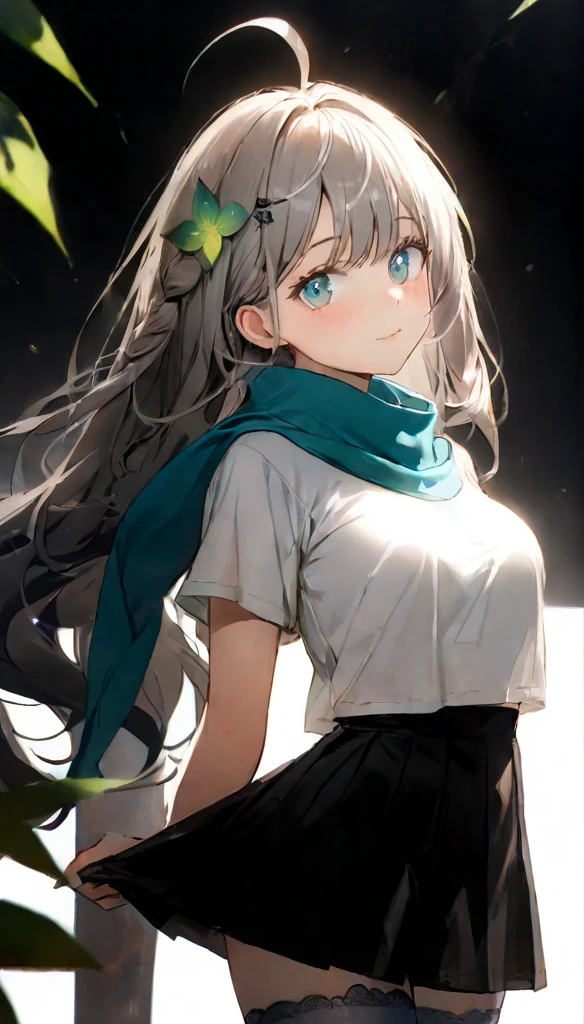 Resolution full, standing style, very accurate, best quality, masterpiece, full HD, very sharpener, best art, very accurate, 1girl, firefly, very cute girl, cute girl, beautiful and cute girl, slim body, medium breast, long hair, grey hair, Braid hair, Messy hair, ahoge hair, bangs hair, straight hair, gradient grey and blue hair, green leaf hair ornament, grey hair clip, beautiful bright aqua eyes, white T-shirt, dirty t-shirt, blue scarf, black short skirt, grey full stockings, white background, standing model