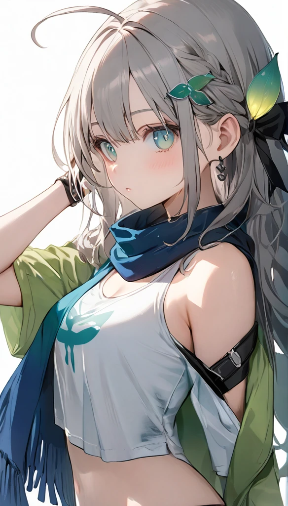 Resolution full, standing style, very accurate, best quality, masterpiece, full HD, very sharpener, best art, very accurate, 1girl, firefly, very cute girl, cute girl, beautiful and cute girl, slim body, medium breast, long hair, grey hair, Braid hair, Messy hair, ahoge hair, bangs hair, straight hair, gradient grey and blue hair, green leaf hair ornament, grey hair clip, beautiful bright aqua eyes, white T-shirt, dirty t-shirt, blue scarf, black short skirt, grey full stockings, white background, standing model