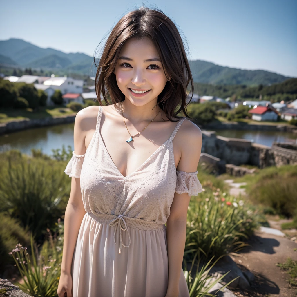 Highest quality,a girl, one girl,solo focus,raw photo,bloom,full body,4K,8K,Realistic,full body,Japanese women,一人のJapanese women,Age 25,Clear,kind,Beautiful eyes,smile,Full of maternal love,nice style,smile,teeth,short brown hair,Large Breasts,healthy,positive,Very detailed,Casual Style,necklace,a one girl,The background is a hill where you can see the stars.,Beautiful starry sky,night,a one girl