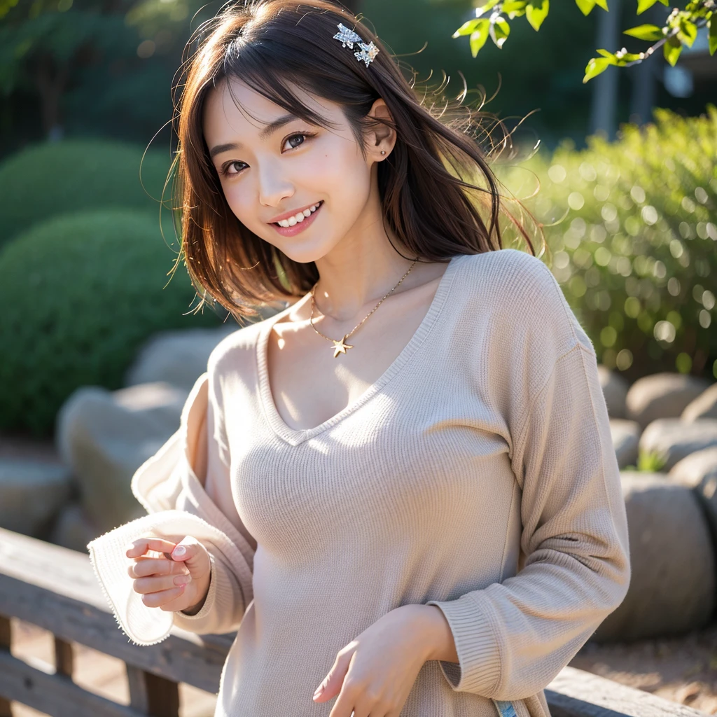 Highest quality,a girl, one girl,solo focus,raw photo,bloom,full body,4K,8K,Realistic,full body,Japanese women,一人のJapanese women,Age 25,Clear,kind,Beautiful eyes,smile,Full of maternal love,nice style,smile,teeth,short brown hair,Large Breasts,healthy,positive,Very detailed,Casual Style,necklace,a one girl,The background is a hill where you can see the stars.,Beautiful starry sky,night,a one girl