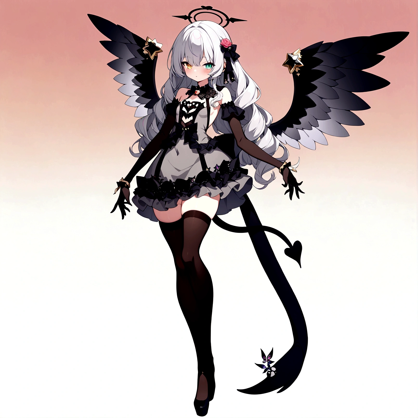 woman 160 cm tall, slim build. (character design sheet: front view). Long Wavy Gray Hair with Thigh Length Curls. (heterochromia: one light green eye and one amber eye), she has little ribbons in her hair, rose-shaped brooch on the right side of the hair. extremely detailed face, small face, Beautiful detailed eyes, beautiful detailed lips. adorable, extremely detailed legs, (Best Quality, 4k, 8k, high resolution), ultra detailed, Exquisite and epic character art.. Black high stockings with gold star print.. Black platform heels, One-piece dress with low waist and ruffles. It has robotic arms up to the elbow, black and pink.. dark gray belt at the waist with a small blue crescent, black necklace on the neck with rose-shaped decoration. He has short angel wings on his back that are dark blue and black... It has a succubus tail that ends in a heart shape at the tip... Wide hips. Wears a luminous gray and black halo with rose patterns.. (small chest size). Beautiful detailed wings. beautiful detailed hair