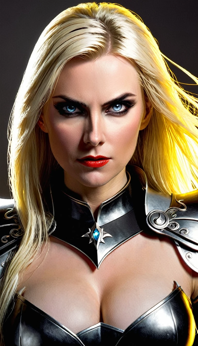 (character portrait for the game Dungeons and dragons), (female 30 years old, spellblade, high charisma), (white skin:0.8, nordic facial features, heavy black makeup, light blue eyes, blond, long, straight hair), (dark fantasy), (heavy platemail armor, gray metallic, cleavage),([dim lights], shadows in the background, red, black, yellow)
