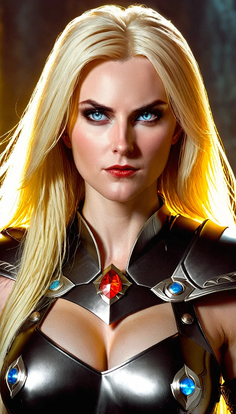 (character portrait for the game Dungeons and dragons), (female 30 years old, spellblade, high charisma), (white skin:0.8, nordic facial features, heavy black makeup, light blue eyes, blond, long, straight hair), (dark fantasy), (heavy platemail armor, gray metallic, cleavage),([dim lights], shadows in the background, red, black, yellow)