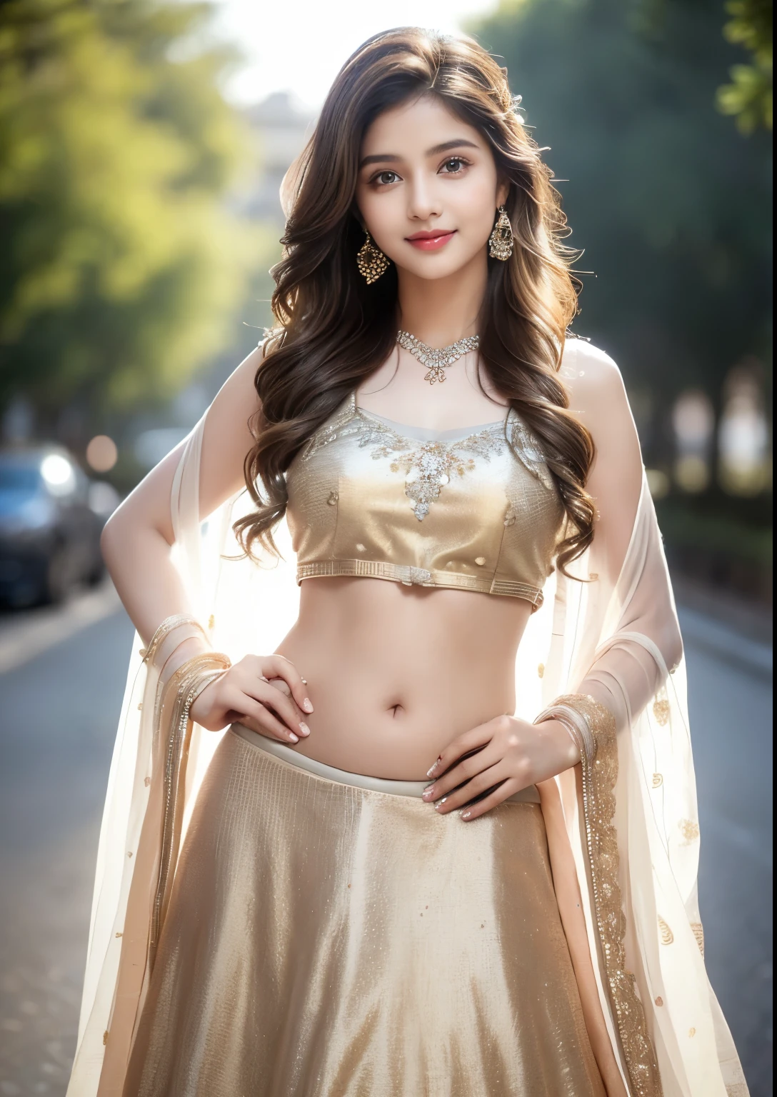 (((desi indian young 14 aged girl))), 14 years girl, cute and pretty face, natural skin, wearing hot Lehenga,choli and Dupatta dress, charming black hair, ((hair ends are blonde)), city streets background,(wearing simple jewellery), Super Round Big Young Breast, Pretty cute Navel, Soft Ovel Navel, Detailed pretty Navel, Navel Jewellery, Slender girl, bright light, long_hair, Bokeh, indian ,tree branch, colourfull, Glitter Seafoam color princess dress((choli:1.2,lehenga:1.2,dupatta:1.2), smile, pretty, cute, 4k, 8k, CG unity 8k wallpaper, depth of field, ray tracing, perfect figure, sweet round breasts, romantic Eyes, Romantic smile, Romantic Standing Angle, stylish curved angle, (one hand on hip another hand is playing with hair angle), Bright skin, glow face, glow skin, 