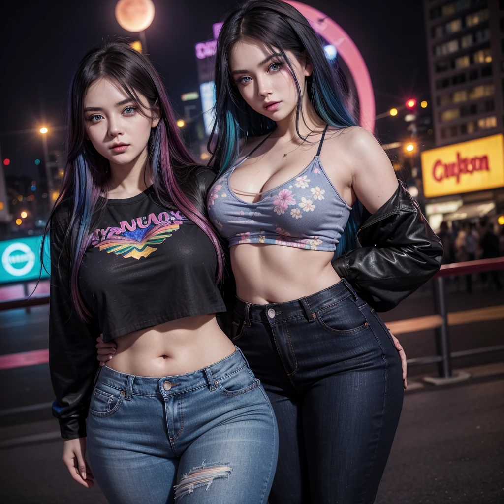 A beautiful young woman, aged 28, long rainbow colored hair, sapphire blue eyes that shine like gemstones, curvy figure, wearing a black cropped t-shirt with a floral pattern, wearing low rise dark purple jeans, colorful city background with neon, nighttime, blood red moon in the sky, neon smoke