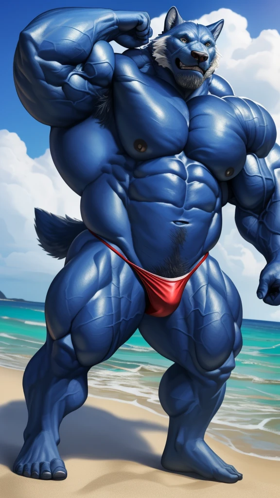 realistic, hyper realistic, detailed muscle,(furry blue white wolf), good anatomy, masterpiece, art winner, beach, extremely huge muscular, massive muscular, full-body, well-muscled old man. ((extremely muscle size, super thick arms, huge pec, extremely wide pectoral , huge arms)). (red thong:1.1), high resolution, 8K quality."
