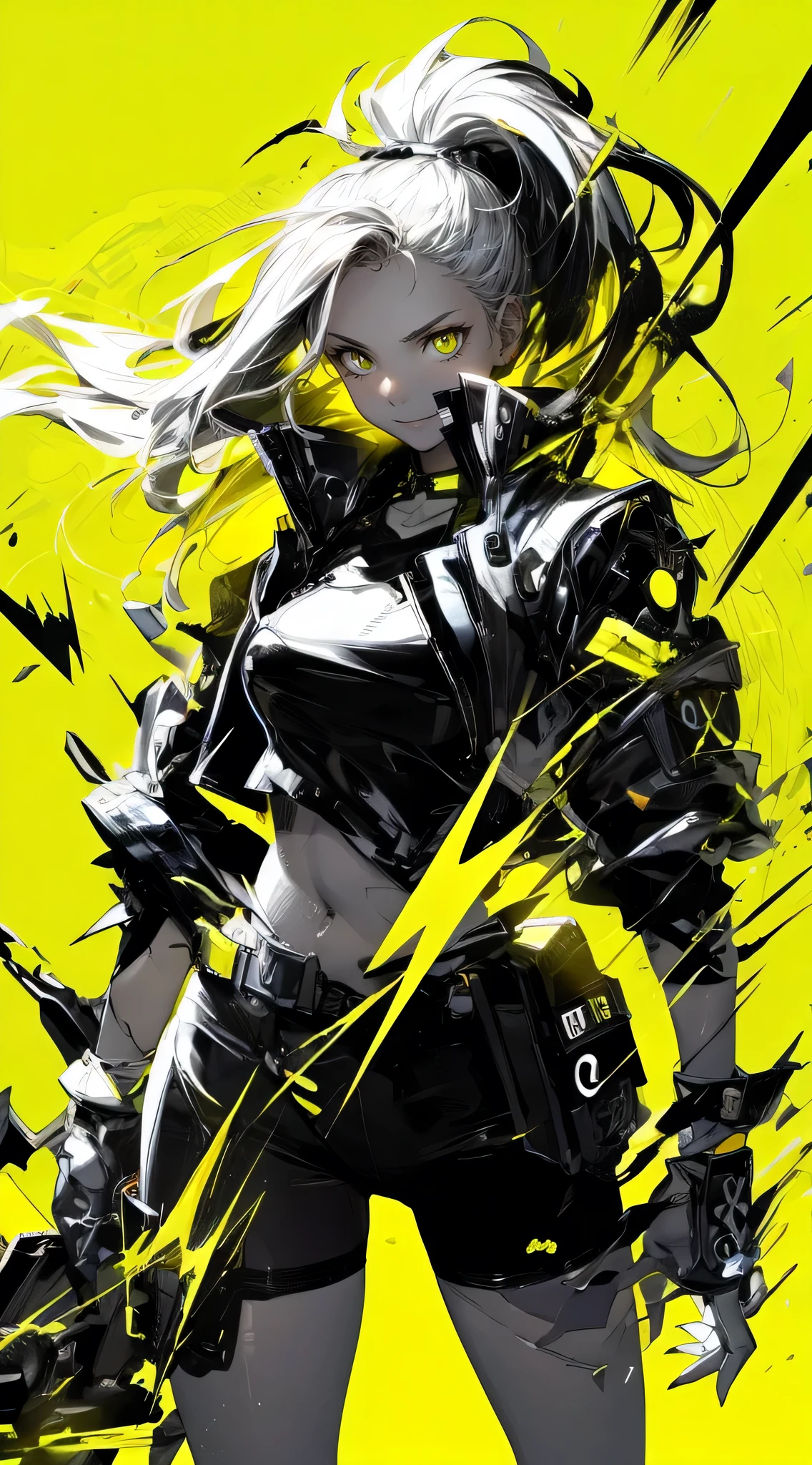 frontal black and white illustration of female anime fighter by joe madureira, graphic dynamic, action, symmetrical design, neon yellow accents