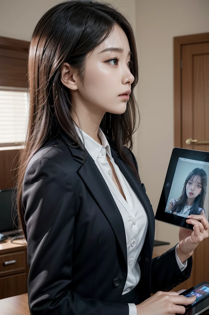 woman in a suit using a tablet in a room, working, sun yunjoo, still from a live action film, Park Shin Hye como um supervilão, full device, using a magic tablet, iu lee ji-eun as a supervillain, profile posing, [ photo realist ]!!, Shin Min Jeong, serious business, lazy, elegant appearance