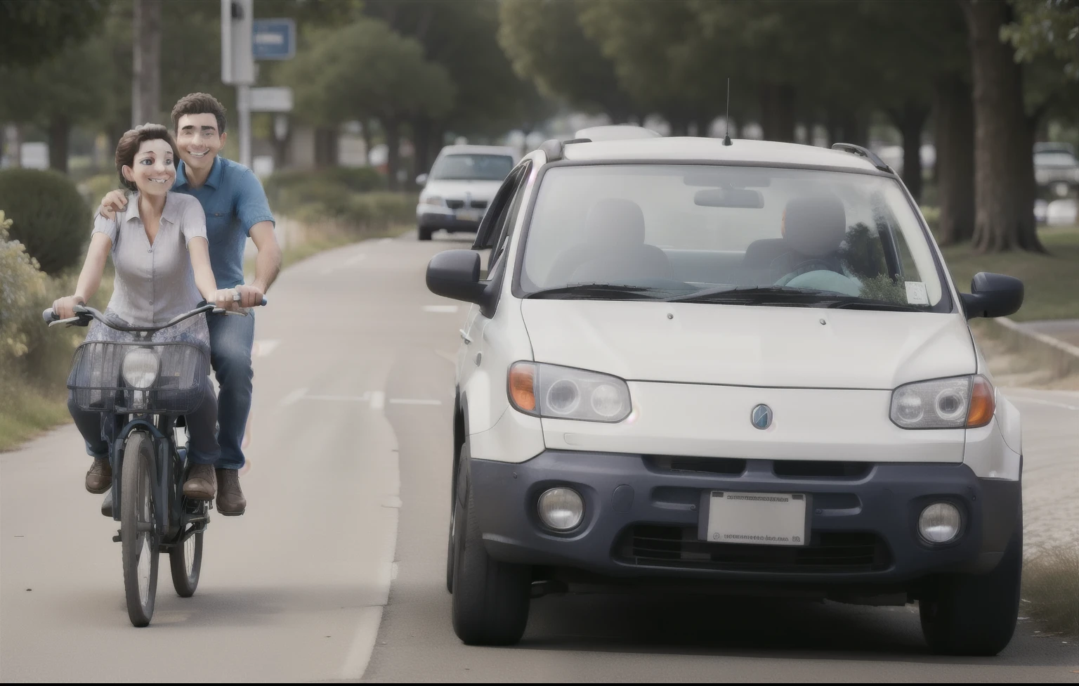 happy couple cycling next to the car 