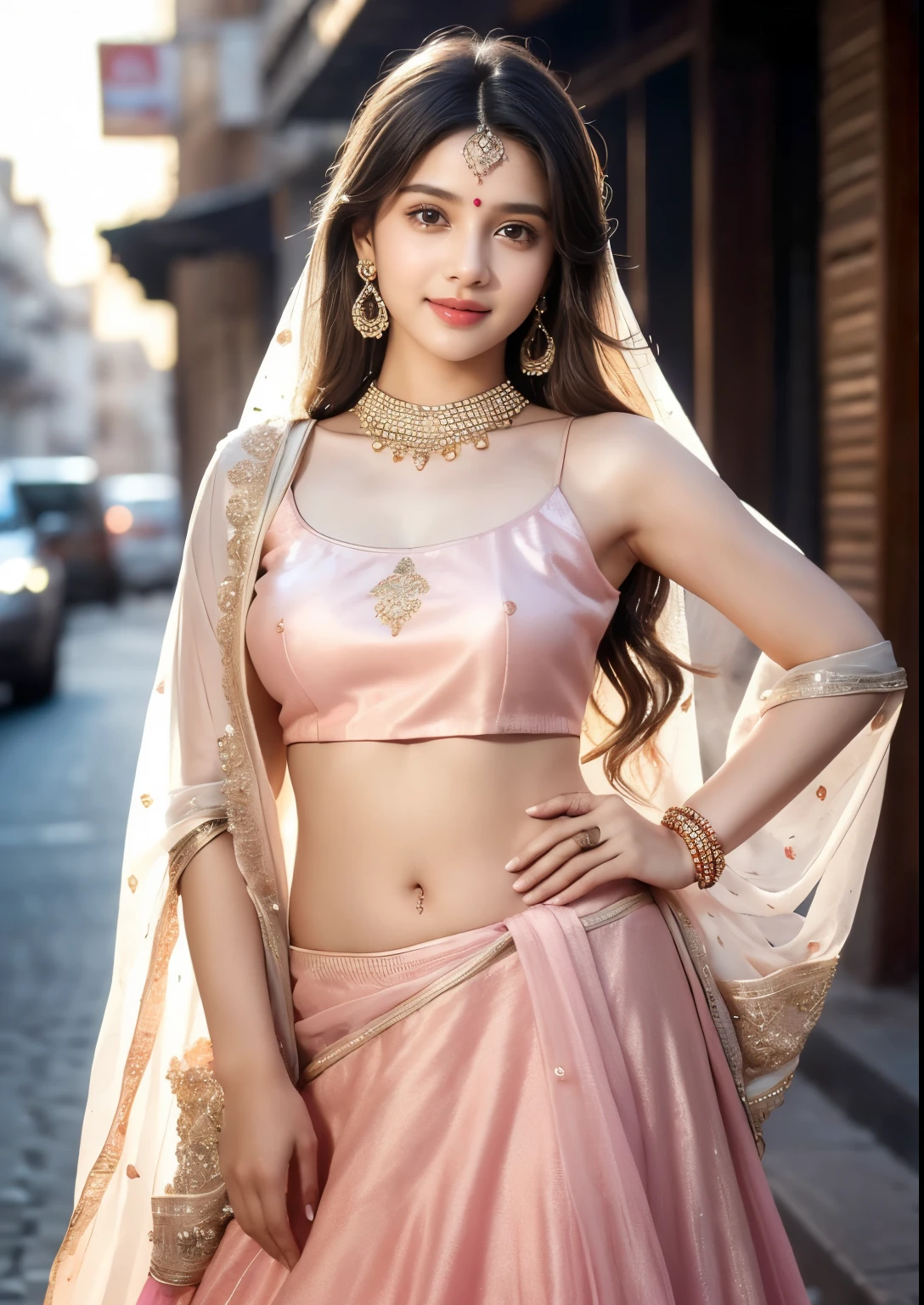 (((desi indian young  girl))), 15 yearcute and pretty face, natural skin, wearing hot Lehenga,choli and Dupatta dress, charming black hair, ((hair ends are blonde)), city streets background,(wearing simple jewellery), super Round Young Breast, Pretty cute Navel, Soft Ovel Navel, Slender girl, bright light, long_hair, Bokeh, indian ,tree branch, colourfull,pink princess dress((choli:1.2,lehenga:1.2,dupatta:1.2), smile, pretty, cute, 4k, 8k, CG unity 8k wallpaper, depth of field, ray tracing, perfect figure, sweet round breasts, romantic Eyes, Romantic smile, Romantic Standing Angle, stylish curved angle, one hand on hip angle, Bright skin, glow face, glow skin, 