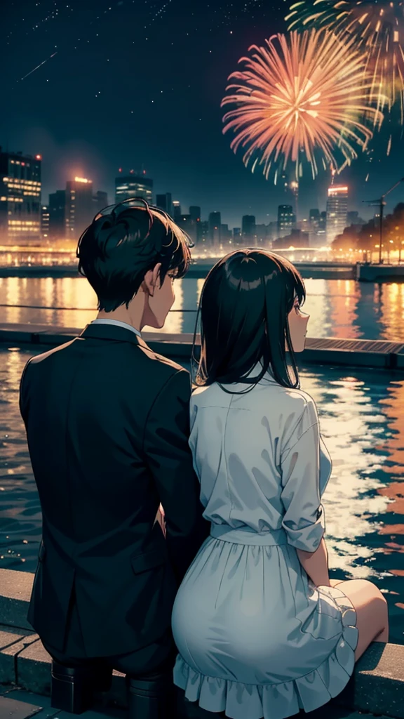 A couple sitting side by side(a young man and a woman),Sit on the embankment,Turn your back to the lens,Look up at the fireworks blooming in the sky,Modern age city,the night