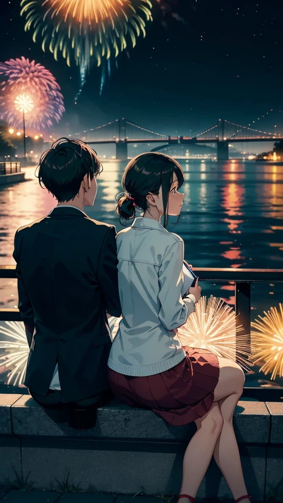 A couple sitting side by side(a young man and a woman),Sit on the embankment,Turn your back to the lens,Look up at the fireworks blooming in the sky,Modern age city,the night