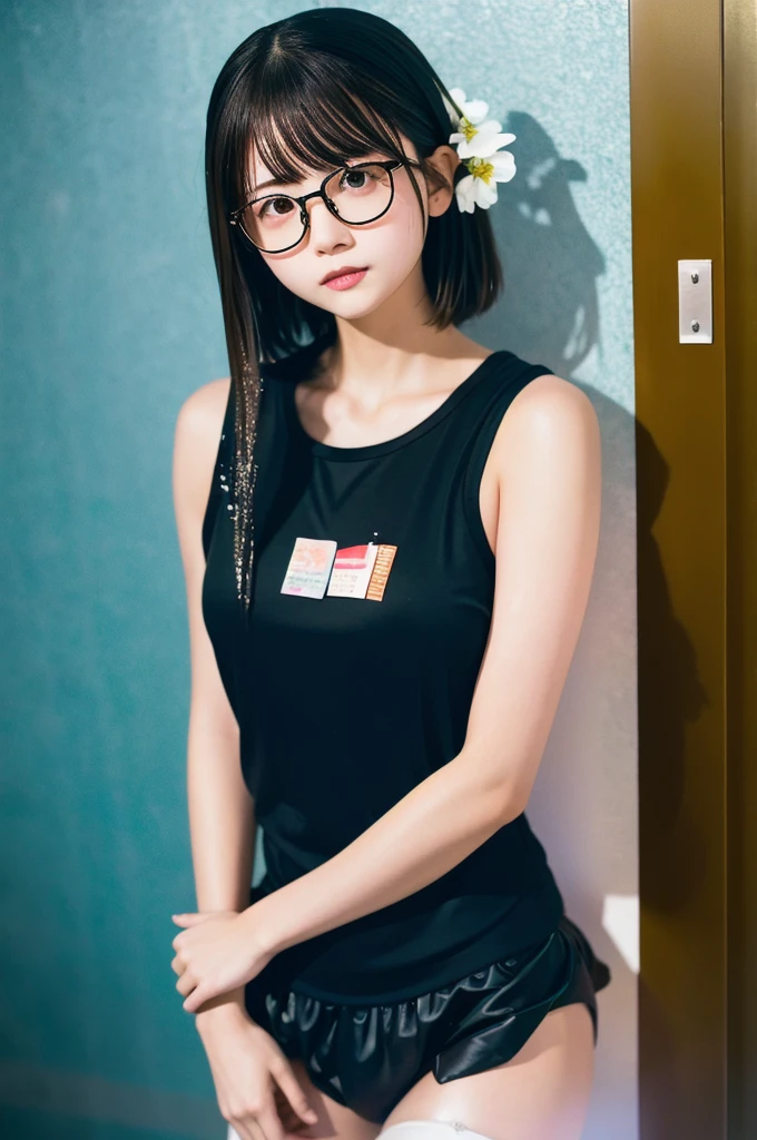 (masterpiece, Highest quality, It captures a very cute moment, Depth of written boundary, Super detailed, Ultra-high resolution, C4D, Octadale, 3D Modeling,Realistic human photos、 8K, 16K, One Girl,Middle school students, Small breasts,Black Hair,short hair,Straight Hair,Light brown eyes,White headband,Wearing black glasses,Cute face), Bloomers, Black tank top, zettai ryouiki, Wet clothes,Classroom Nights,Moonlight, Good elevator, Take off、Real-life skin、Not an anime、Realistic、Not an illustration
