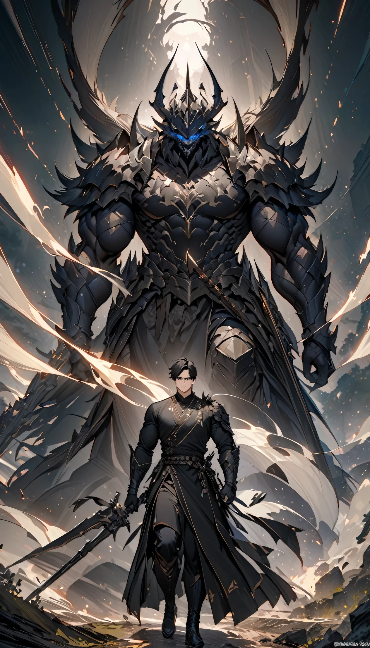 male black shadow ghost knight walking away from a battlefield, shadow, black, knight, ghost knight, full body view, Facing the front, shadow knight, blue eyesเรืองแสง, black smoke, dark, Masterpiece, Masterpiece lighting , A quiet and charming young man, 30 years old, smile, gag, Portrait, Highly detailed face, 寒さとsmile, ((blue eyes)), ((ผมสั้นblack)), [Thick eyebrows], ((เสื้อคลุมยาวblack)), ((blackทั้งหมด)), (blue eyes) ,ผม Quiff blackสั้นมี Soft Fringe, handsome , muscle, Facial expressions, ชุดเกราะknightสีดํา (เกราะblackล้วน) , ผ้าคลุมขนสัตว์black(Masterpiece,best quality,special, (Broad shoulders)) (muscle), male focus, Hand Held Weapons (Crescent repeater),Lipo,Fang Tian Hua Ji,High quality, สมจริงเป็นspecial,nonsense, height, Very detailed, HDR, Masterpiece, ใบหน้าและดวงตาที่มีรายVery detailed