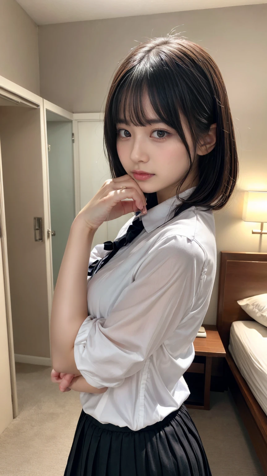 masterpiece, best quality, illustration, Super detailed, fine details, High resolution, 8K,wall paper, perfect dynamic composition,(Details High quality, realistic depiction of eyes:1.3), from side, standing, (collared shirt:1.1), pleated skirt, short bob hair、black hair color, Big Natural Color Lip, bold sexy pose, crying a little、Harajuku style、20 year old girl、cute type、ta、beautiful legs, hotel room, gravure idol, medium breasts