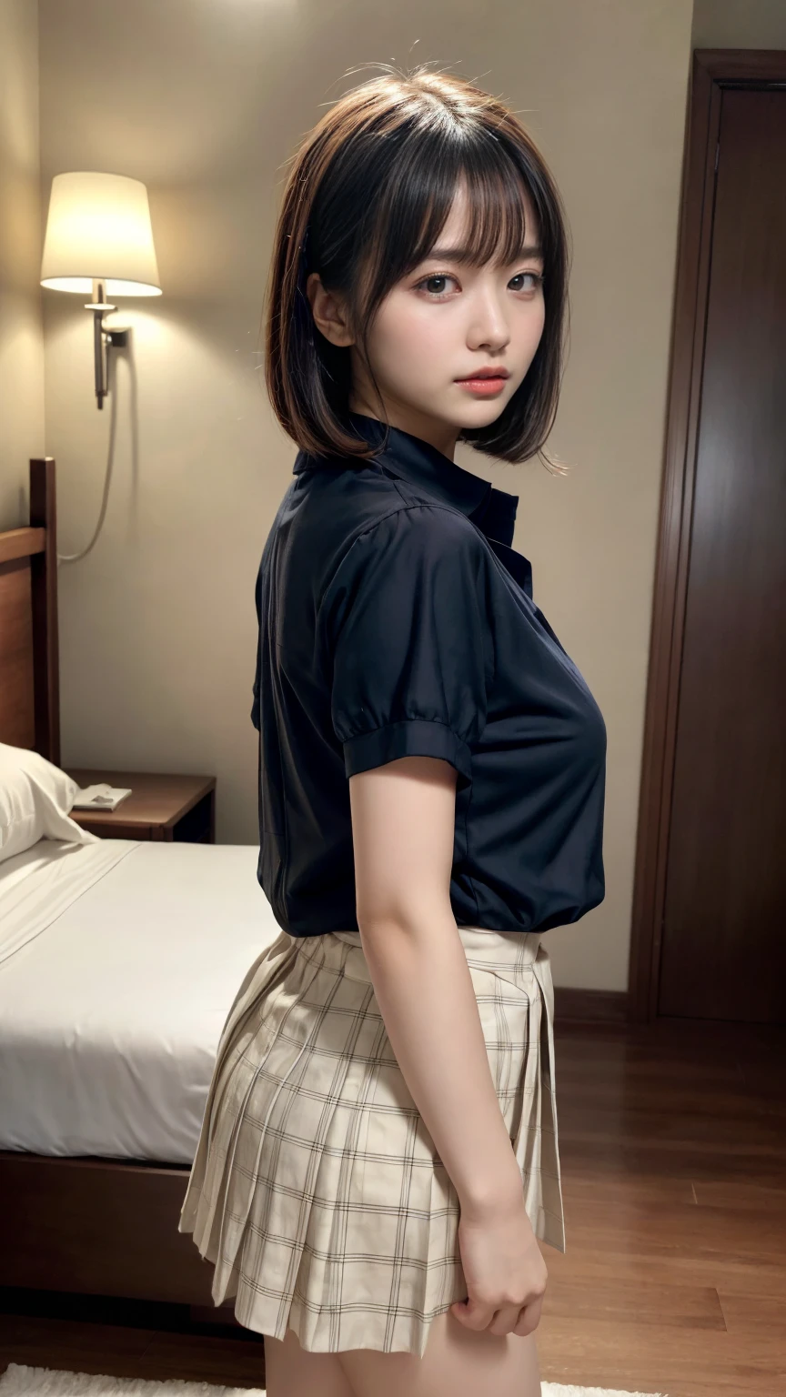 masterpiece, best quality, illustration, Super detailed, fine details, High resolution, 8K,wall paper, perfect dynamic composition,(Details High quality, realistic depiction of eyes:1.3), from side, standing, (collared shirt:1.1), pleated skirt, short bob hair、black hair color, Big Natural Color Lip, bold sexy pose, crying a little、Harajuku style、20 year old girl、cute type、lolita、beautiful legs, hotel room, gravure idol, medium breasts