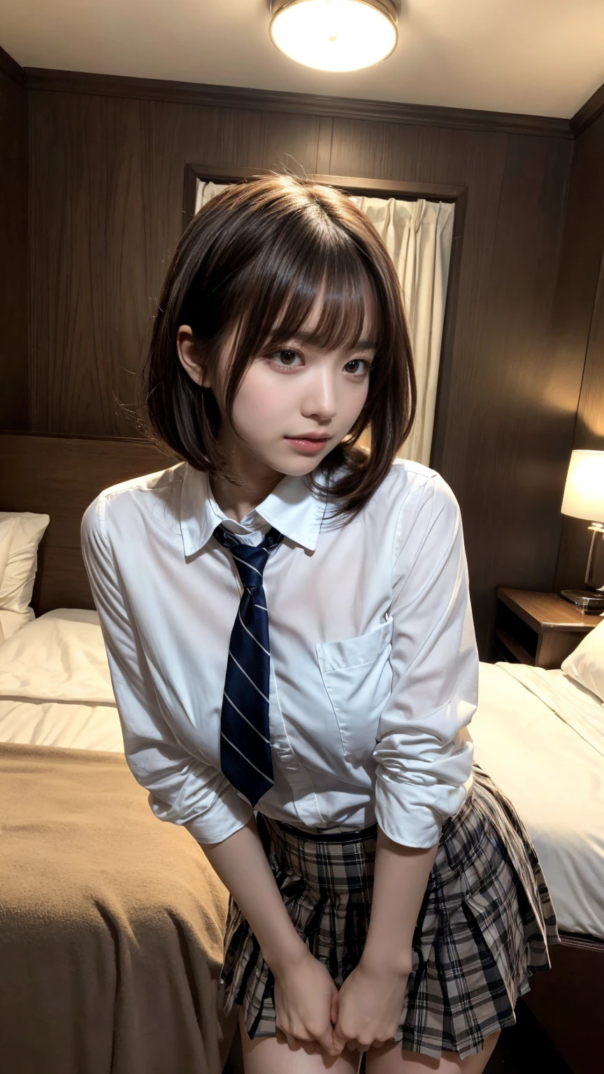masterpiece, best quality, illustration, Super detailed, fine details, High resolution, 8K,wall paper, perfect dynamic composition,(Details High quality, realistic depiction of eyes:1.3), from side, standing, (collared shirt:1.1), pleated skirt, short bob hair、black hair color, Big Natural Color Lip, bold sexy pose, crying a little、Harajuku style、20 year old girl、cute type、ta、beautiful legs, hotel room, gravure idol, medium breasts