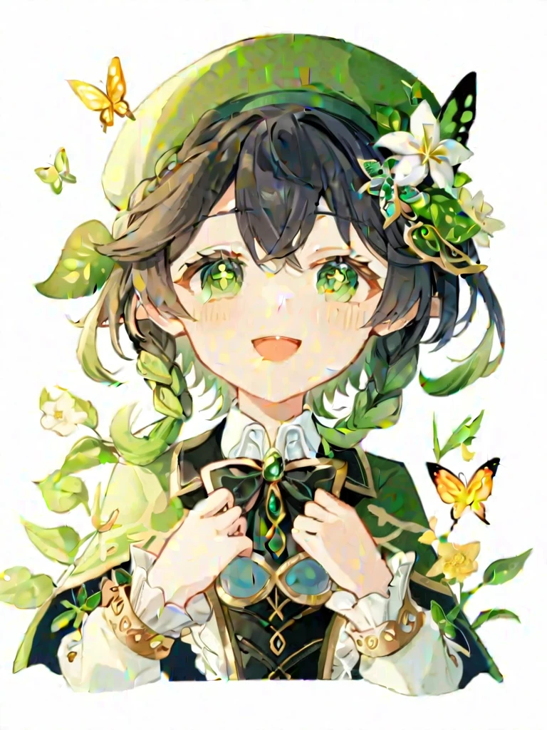 ï¼male_focus, 1boy, solo, venti_\(genshin_impact\), hat, smile, braid, beret, green_headwear, multicolored_hair, gradient_hair, twin_braids, long_sleeves, flower, black_hair, green_eyes, looking_at_viewer, blue_hair, cape, simple_background, white_background, bangs, open_mouth, bow, leaf, frilled_sleeves, jewelry, brooch, collared_cape, white_flower, butterfly, bug, frills, shirt, hat_flower, gem, short_hair_with_long_locks, corset, androgynous, collared_shirt, white_shirt, hair_ornament