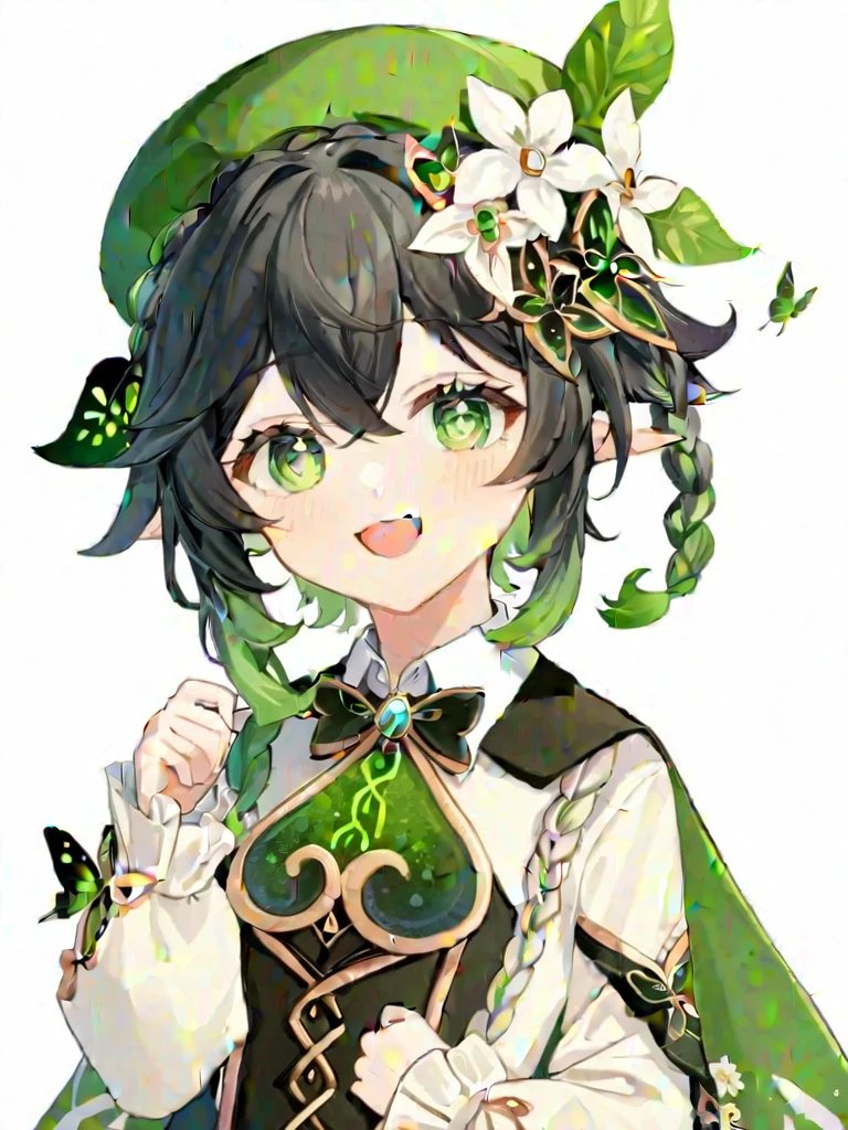 ï¼male_focus, 1boy, solo, venti_\(genshin_impact\), hat, smile, braid, beret, green_headwear, multicolored_hair, gradient_hair, twin_braids, long_sleeves, flower, black_hair, green_eyes, looking_at_viewer, blue_hair, cape, simple_background, white_background, bangs, open_mouth, bow, leaf, frilled_sleeves, jewelry, brooch, collared_cape, white_flower, butterfly, bug, frills, shirt, hat_flower, gem, short_hair_with_long_locks, corset, androgynous, collared_shirt, white_shirt, hair_ornament