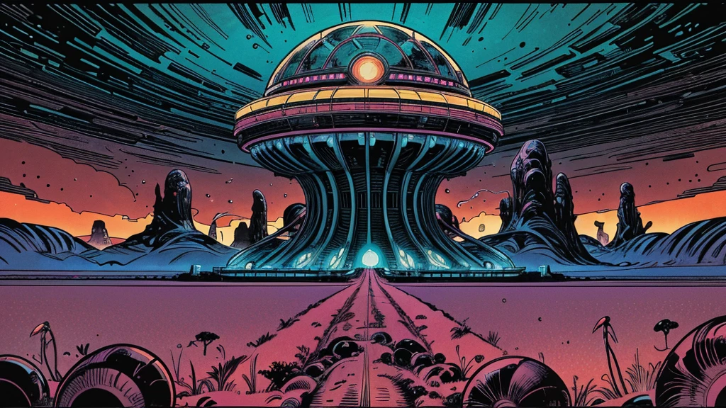 Vibrant alien landscape with bizarre neon-colored flora, towering crystalline structures, and swirling psychedelic skies. Monstrous tentacled creatures roam between retro-futuristic domed cities. Stylized like a 1960s sci-fi comic book cover, with bold outlines, halftone patterns, and exaggerated perspective. Intense, saturated colors reminiscent of vintage four-color printing process.