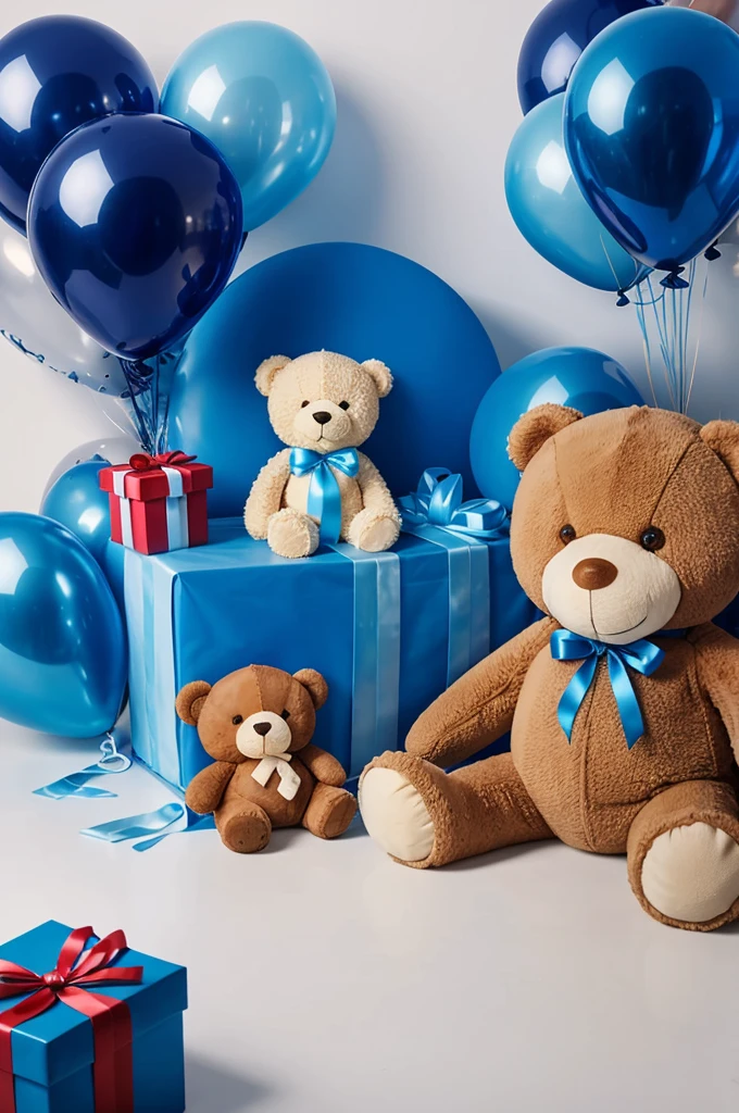 Blue round logo, with a teddy bear in the middle and several gifts next to it and balloons