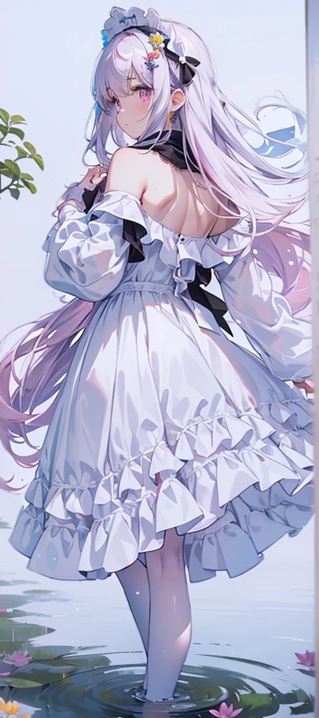 [(White background:1.5),::5] (Isometric:1.0), Double contact, bubble, Medium shot, Full body female, // masterpiece, best quality, 1 girl, (Colorful),(Delicate eyes and delicate face),Cinema Lighting,Half-length photo,Extremely detailed CG unified 8k wallpaper, 1 girl, Pink Eyes ,(Long hair),Long white hair (Floating in the wind), Rear view, Looking Back, Hair accessories, 花Hair accessories. scarf, Ribbon, White Dress, visible shoulders, walking on pond, Water reflection, pond, Medium chest, Night Sky, Milky Way Sky, horizon, moon，（（Black pantyhose））