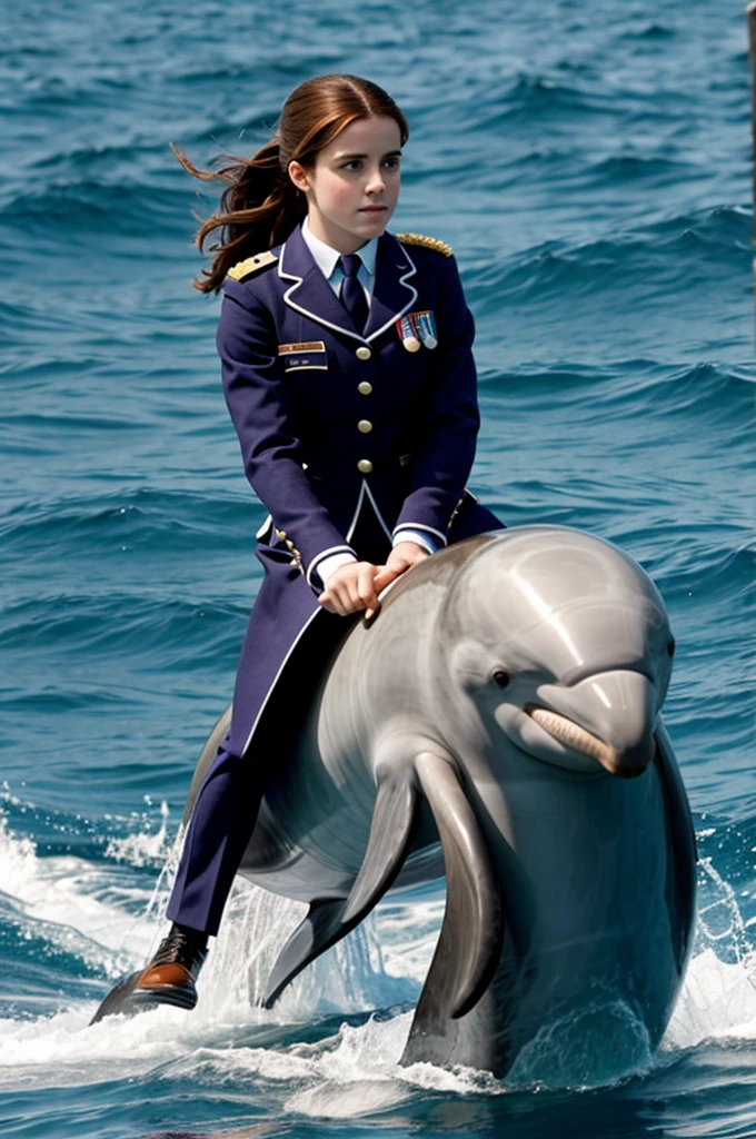 Hermione in uniform riding a dolphin 