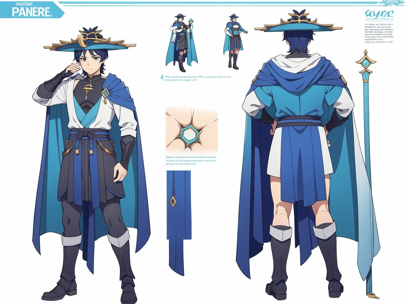Big hat, Cape, Metal armor, Body armor, shoulder pads (shiny cyan armor:1.0)Sfw, (Wanderer:1.0)Thin, fit, 1boy, solo, male focus, looking at viewer, upper body, hair, realistic, hat, default clothing, wanderer clothing, (character design sheet, full body, front, side, back), Illustration, environment change, pose (simple background, white background: 1.0)