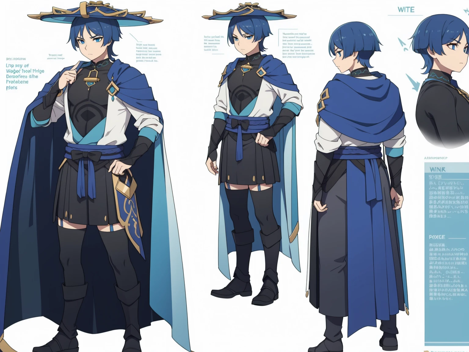 Big hat, Cape, Metal armor, Body armor, shoulder pads (shiny cyan armor:1.0)Sfw, (Wanderer:1.0)Thin, fit, 1boy, solo, male focus, looking at viewer, upper body,  hair, realistic, hat, default clothing, wanderer clothing, (character design sheet, full body, front, side, back), Illustration, environment change, pose (simple background, white background: 1.0)