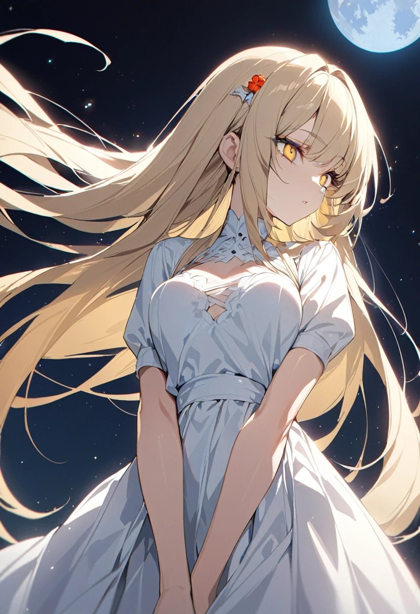 One woman, masterpiece, best quality, beautiful woman, big eyes, golden eyes, blonde, hime cut, long hair, moon hair accessory, white dress, moon, night, floating in the sky, anime