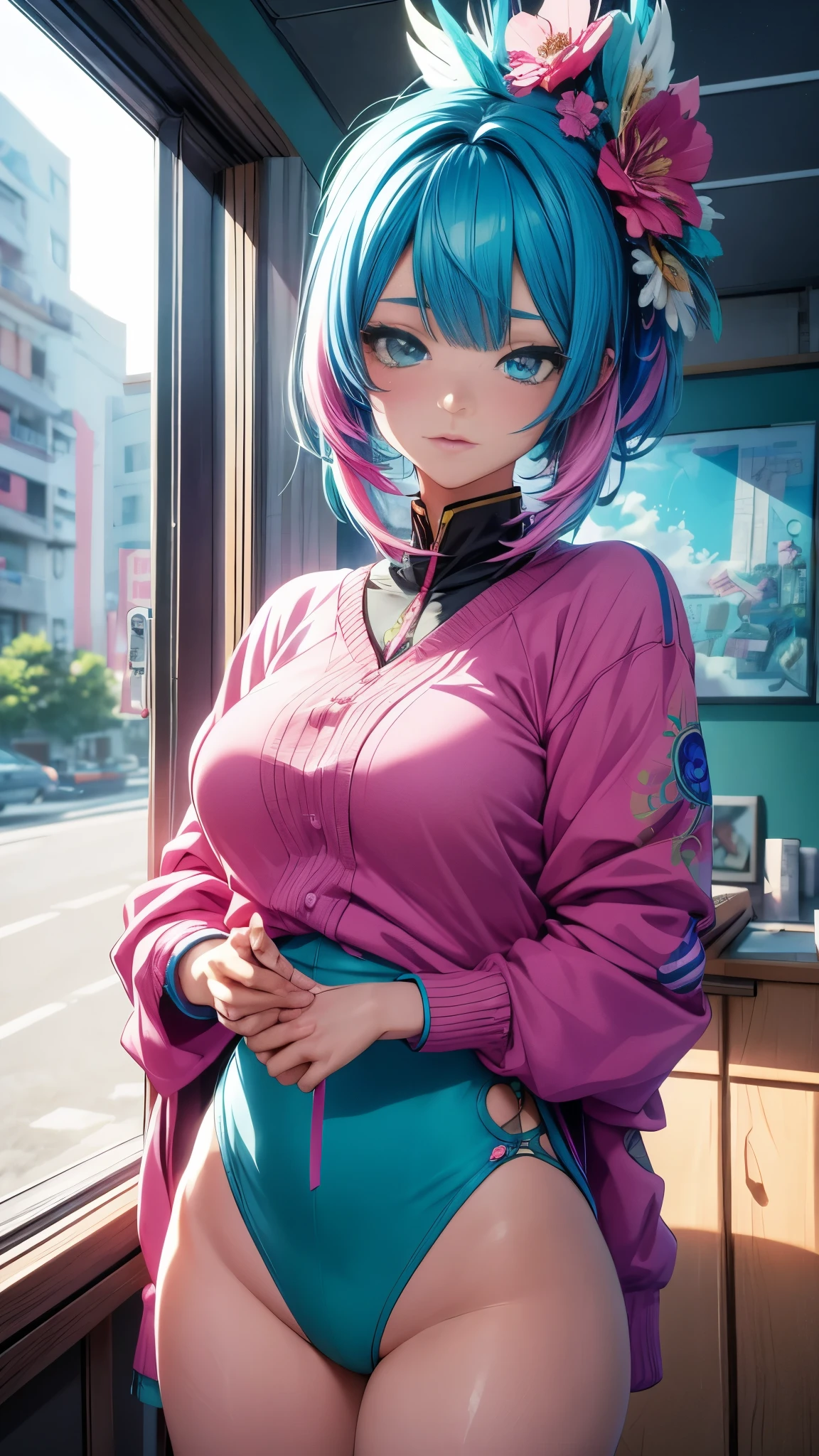 (nsfw), A Girl with Blue-Pink Hair and Peacock Feathers, Inspired by Narihiko-kun, Embodies the Spirit of Society, 🌺 Anime Style in 8K, Anime Style 3D Boasting High-Quality Detail, Popular Among CGstation Fans, 8K Artwork in the Style of Gubes, Fantasy Art with a Fujifilm Twist, Realistic Anime 3D Style Meets Inspiration from Anime, Anime Style Blended with Fujifilm's Unique Lens.
She stands tall, her hair a stunning blend of blue and pink,