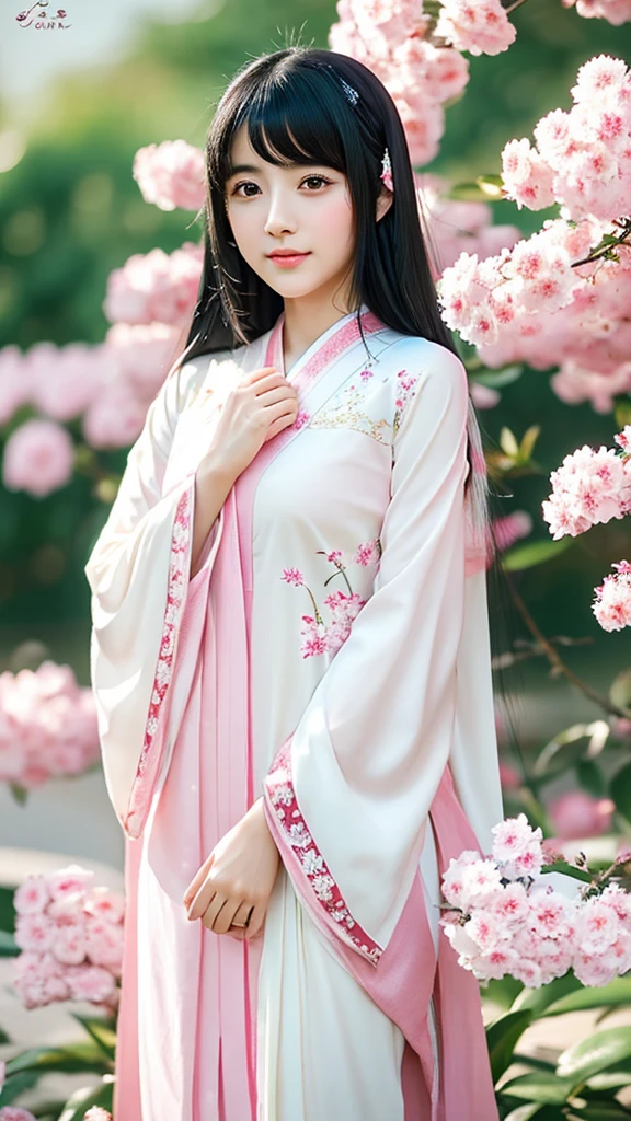 super realistic little Japanese girl with black hair and a straight chin with a complicated and elegant design, flowing clothes, pola rumit, color palette pink and white, floral motif, smooth wings, grassy field background, bunga sakura