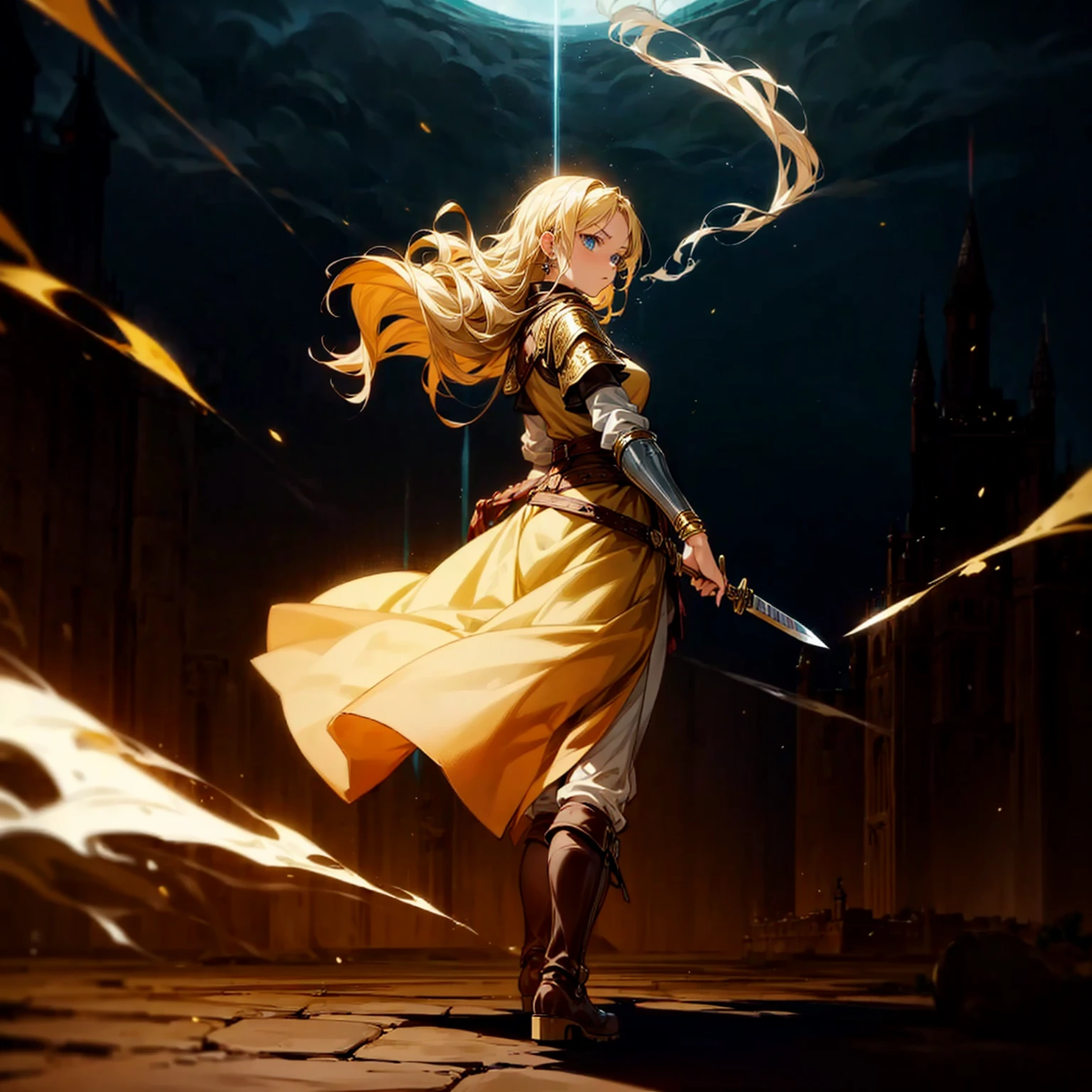 1girl, Full body version, 1character, adult version, blue eyes color, long Curly haircut, blonde colour hair, Gold earrings, gold bracelets, medieval style clothing, black armor, long boots, knife Assassin in hand Grassroots, background in castle square, motion blur, standing gesture, smoke effect, lighting, lighting gold, plasma effect, aura effect, (attack on Titan style art)
