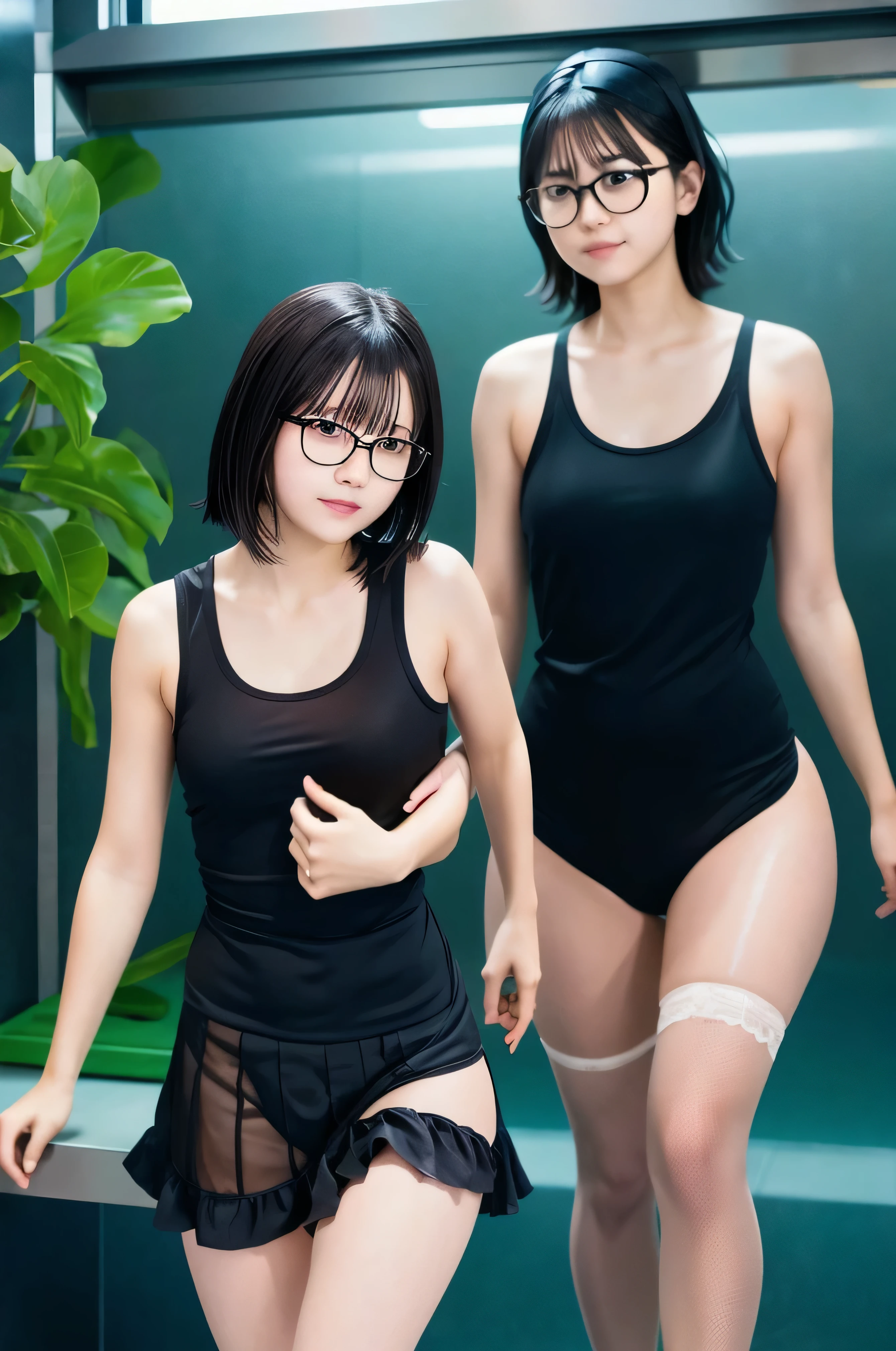 (masterpiece, Highest quality, It captures a very cute moment, Depth of written boundary, Super detailed, Ultra-high resolution, C4D, Octadale, 3D Modeling,Realistic human photos、 8K, 16K, One Girl,Middle school students, Small breasts,Black Hair,short hair,Straight Hair,Light brown eyes,White headband,Wearing black glasses,Cute face), Bloomers, Black tank top, zettai ryouiki, Wet clothes,Classroom Nights,Moonlight, Good elevator, Take off、Real-life skin、Not an anime、Realistic、Not an illustration
