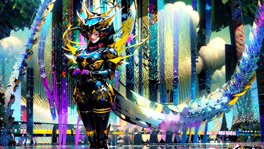 full body woman as an archangel, with black purple cyberdroid, mecha-armor, wearing a short blusher veil, messy hairdo, golden mecha-halo on top of the head, heavy Arch angel mecha-wings, visible face, big chest, bikini armor