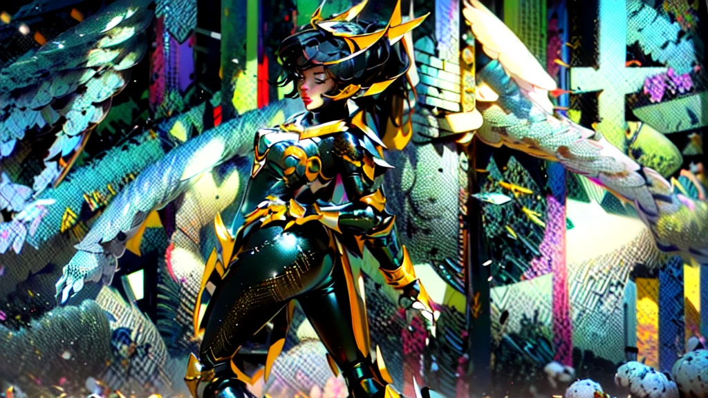 full body woman as an archangel, with black purple cyberdroid, mecha-armor, wearing a short blusher veil, messy hairdo, golden mecha-halo on top of the head, heavy Arch angel mecha-wings, visible face, big chest, bikini armor