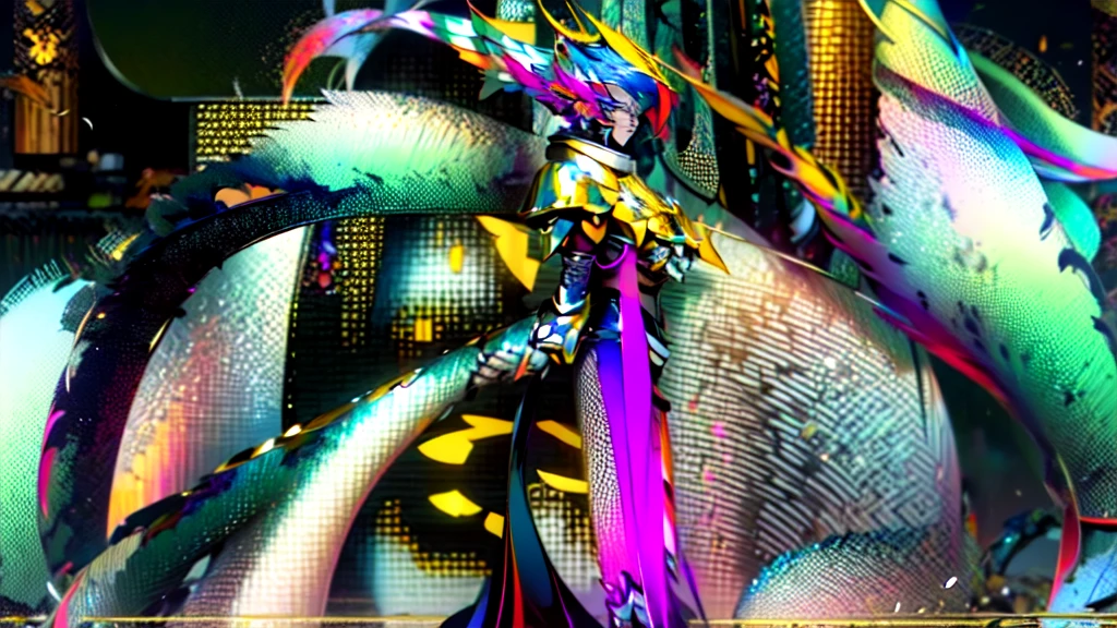 full body woman as an archangel, with black purple cyberdroid, mecha-armor, wearing a short blusher veil, messy hairdo, golden mecha-halo on top of the head, heavy Arch angel mecha-wings, visible face, big chest, bikini armor