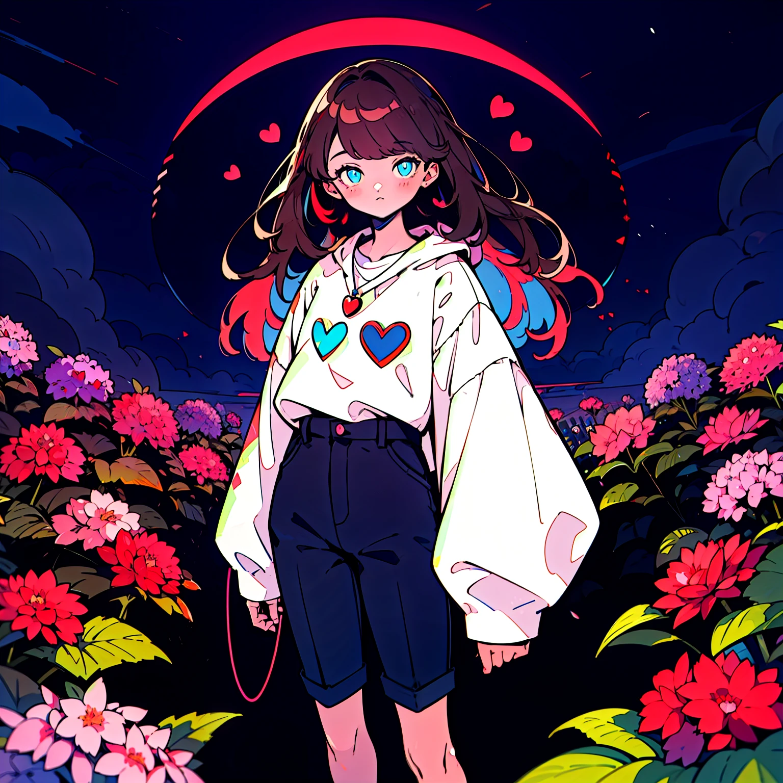 4K, June scenery, Beautiful woman, Long Hair, Brown Hair, Medium chest, blue eyes, White shirt, hot pants, Neon Red Heart Necklace, View your viewers, night, Multicolored hydrangea