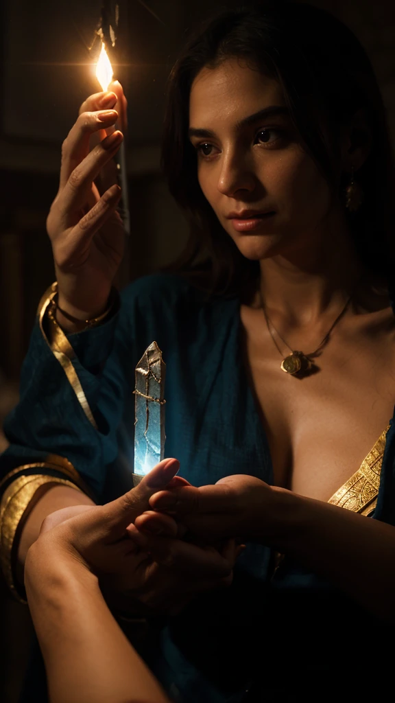 "An ancient amulet glowing softly in a person's hand during a tense moment."