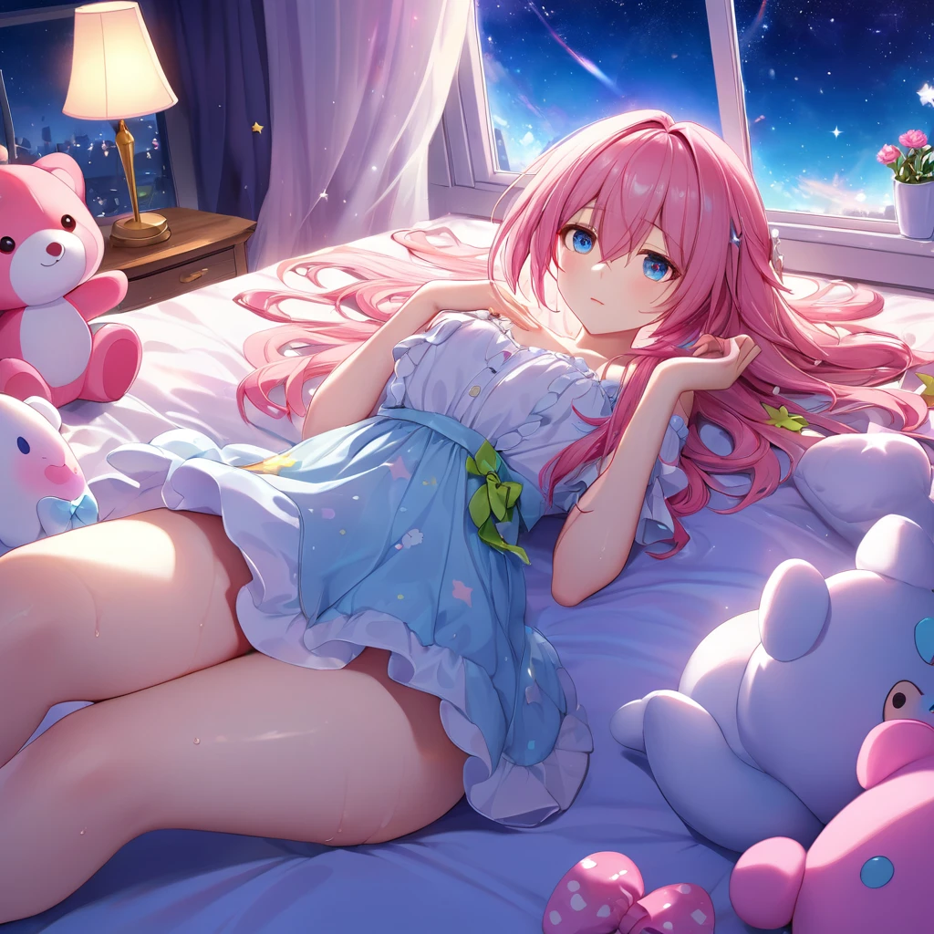 ((march7th(honkai star raill):1.5)),
truly cute girl, extra charming face, wet glittering hair, brilliant jewelry eyes, shiny skin, glossy lips, glamorous body,
lying back on the fluffy bed, ((supine:1.5)), surrounded by various kinds of stuffed animals, spreads arms and legs,
girly interior bedroom, dim, shadow, large window, marvelous night scape outside of the window,
{(masterpiece, best quality), (absurdres absolutely resolution), (8k), (detailed illustration), (super fine illustration), (vibrant colors), (professional lighting), detailed beatiful face, detailed beatiful eyes, detailed beatiful hair, nice hands, perfect hands, detailed background, dynamic pose, dutch angle},shine colorful,