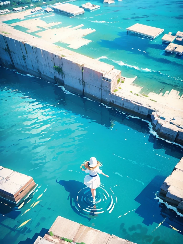 Woman walking on calm water, ((from above:1.5)), From above, Overlooking
