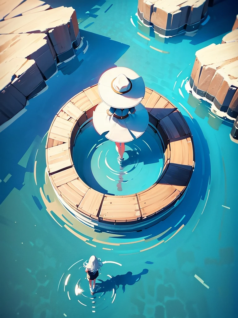 Woman walking on calm water, ((from above:1.5)), From above, Overlooking
