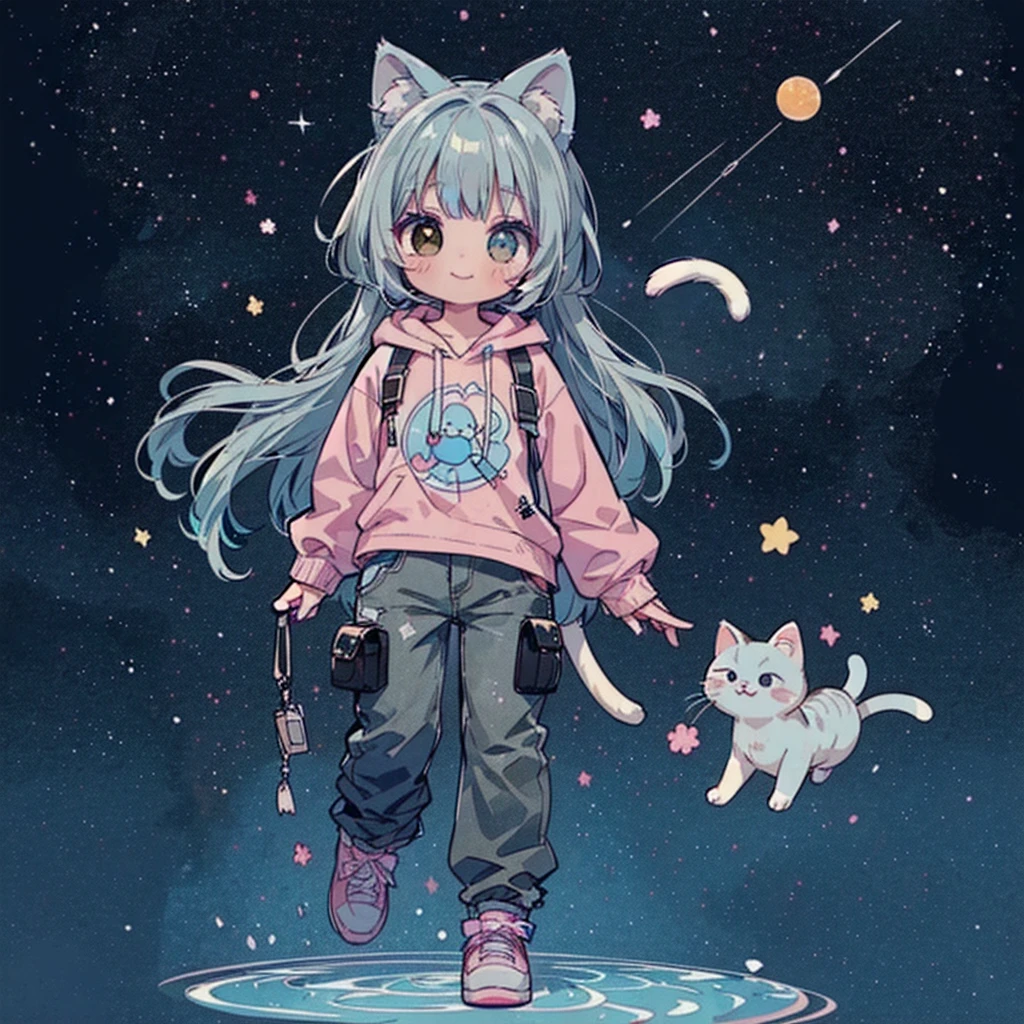 ((Highest quality，masterpiece，Extremely complex and exquisite details，A short girl with gray and blue cat ears and long hair is in the center，Gray blue super long straight hair，Curly hair at the ends，Sparse air bangs，Gray and pink T-shirt with xJ lettering，Denim hooded cropped jacket，Black and gray long cargo pants))，(pink and white sneakers，Smile slightly，Surrounded by tons of cute short-legged cats，Correct anatomy)，Super Q super cute short full body portrait，Starry sky background vertical painting space scene