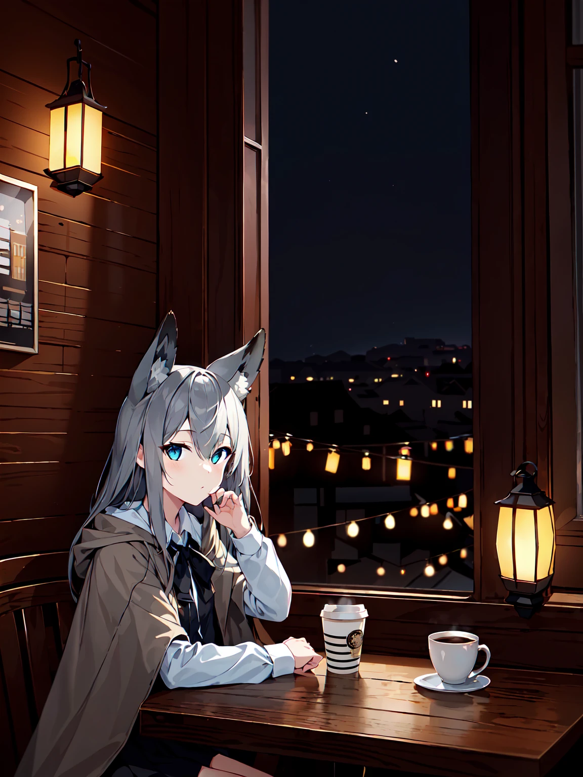 masterpiece, best quality, high quality, 1girl, solo, fox ears, animal ear fluff, blue eyes, grey hair, long hair, hair between eyes, looking at viewer, indoors, cafe, table, coffee cup, window, street view, medieval city, night, lanterns, grey cloak, white shirt, black skirt, kawakaze \(azur lane\), expressionless, kwkzmit