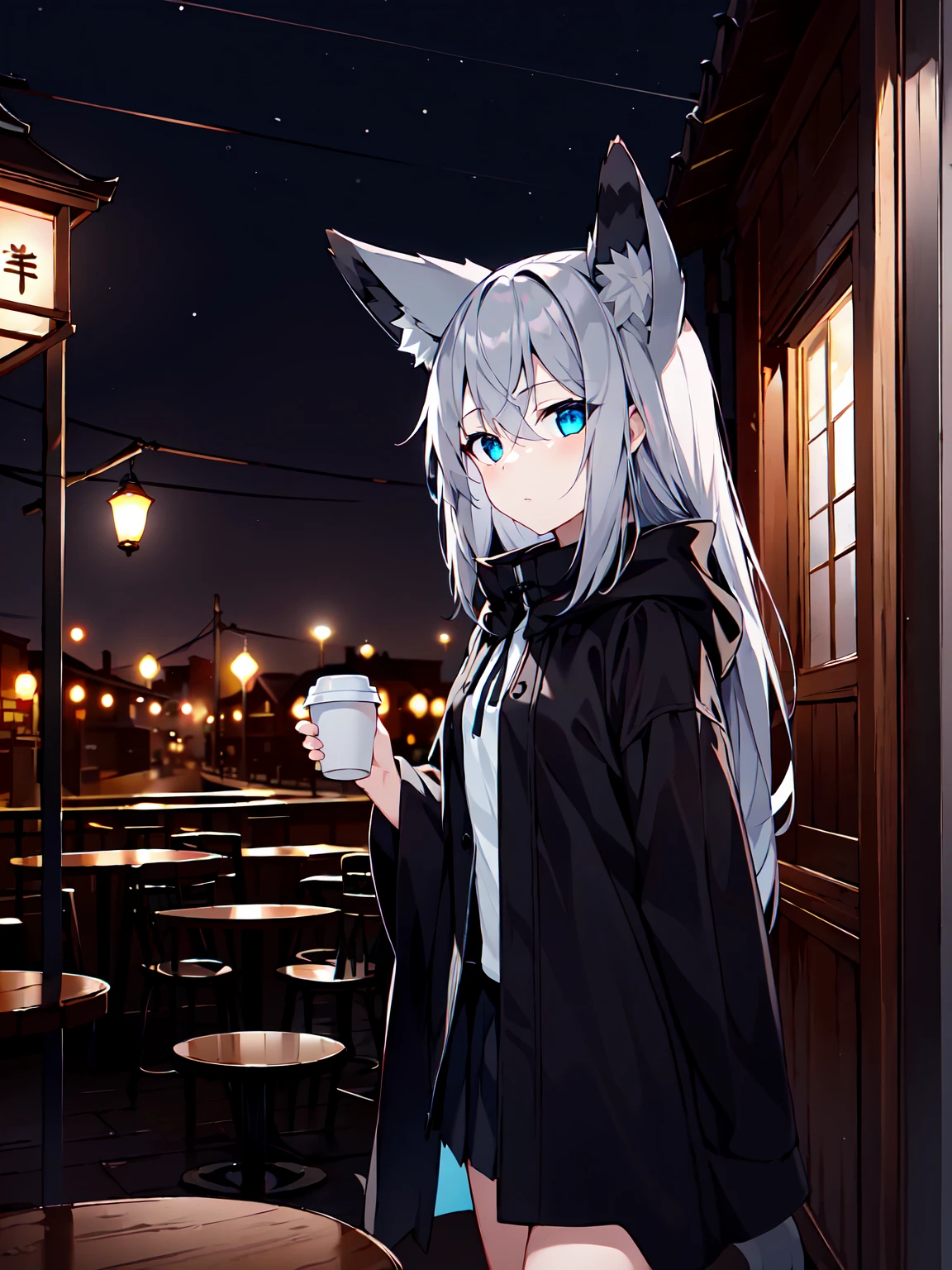 masterpiece, best quality, high quality, 1girl, solo, fox ears, animal ear fluff, blue eyes, grey hair, long hair, hair between eyes, looking at viewer, indoors, cafe, table, coffee cup, window, street view, medieval city, night, lanterns, grey cloak, white shirt, black skirt, kawakaze \(azur lane\), expressionless, kwkzmit