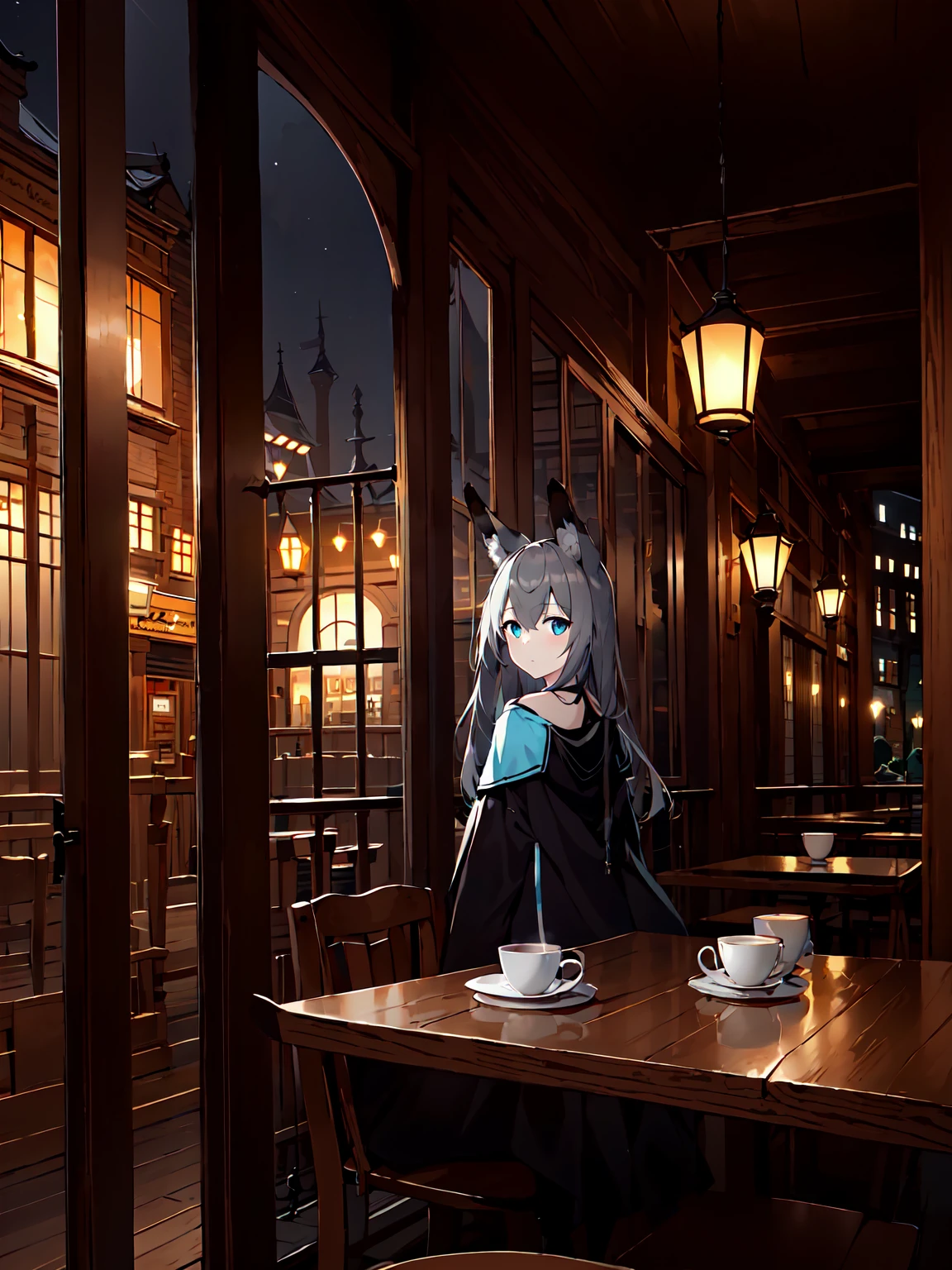 masterpiece, best quality, high quality, 1girl, solo, fox ears, animal ear fluff, blue eyes, grey hair, long hair, hair between eyes, looking at viewer, indoors, cafe, table, coffee cup, window, street view, medieval city, night, lanterns, grey cloak, white shirt, black skirt, kawakaze \(azur lane\), expressionless, kwkzmit