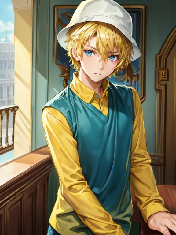 best quality, masterpiece, highres, detailed, digital artwork, TKDigi02, teenage boy, yellow and teal shirt, blue eyes, blonde hair, hat, capitol building, :|, 