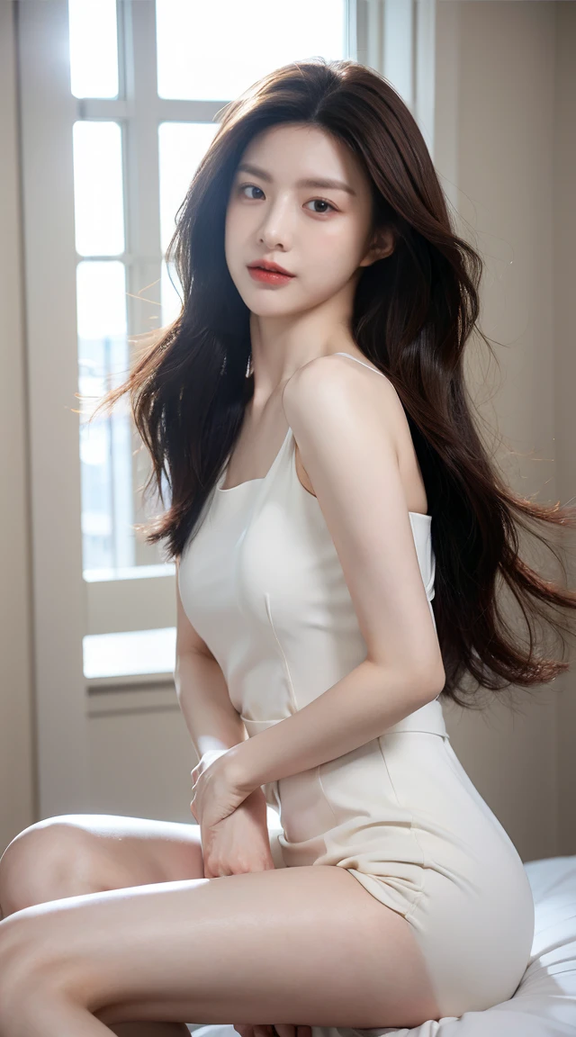 ((Best image quality)、Korean 20 years old, ultra-luxurious bedroom,NFSW, high resolution, Natural and smooth implementation, head and body balance、perfect body beauty:1.4、slim、thin legs、((dark brown hair、very :1.2)), Pretty dress, very 상세한 얼굴 및 피부 질감、eye for detail、shy smile、with legs spread , lighting areola、top quality、reality、 exposed groin、cute appearance、angle from front、small ass、K-pop makeup、embarrassed expression、thin waist, White and clear skin, chubby, Narrow pelvis, Slander type, Popular hairstyles for long hair, skinny body type, young body type, Small pelvis, small shoulder,