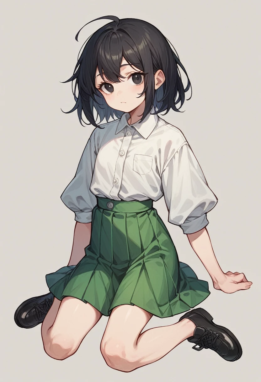 small girl appearance (by white, black eyes, with white shirt, and green skirt with black shoes)         